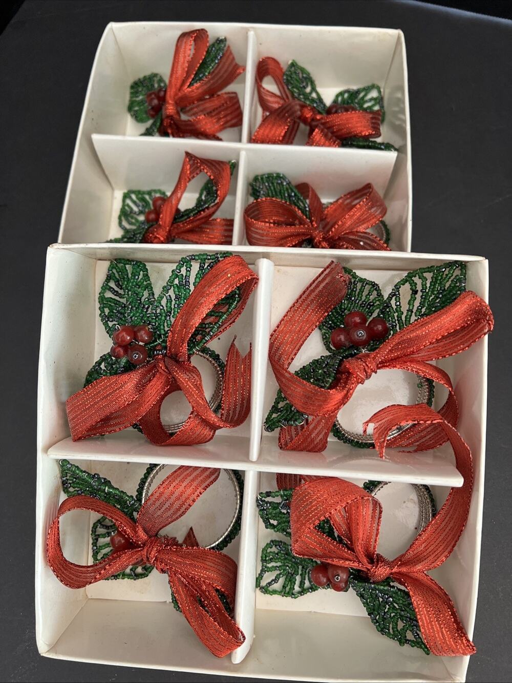 Beaded Holly Berry Napkin Rings Set of 8 in Box Christmas Green Red